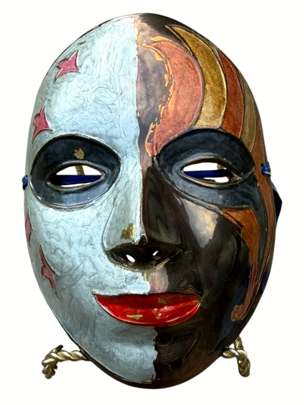 Vintage Solid Brass Celestial Face Mask Sun Moon Stars Painted India 6"